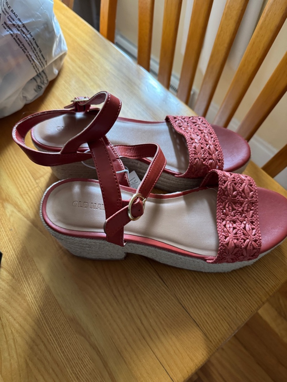 Old Navy Rose-Red Crochet Ankle-Strap Wedge Sandals